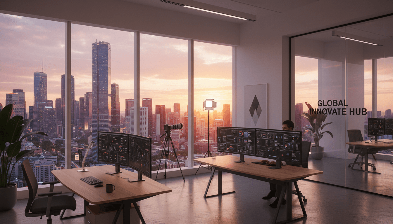 Modern office interior with city skyline at sunset, person working.
