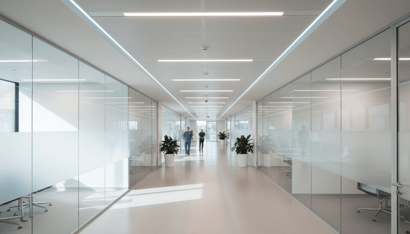 Modern hospital corridor with glass partitions and institutional architecture