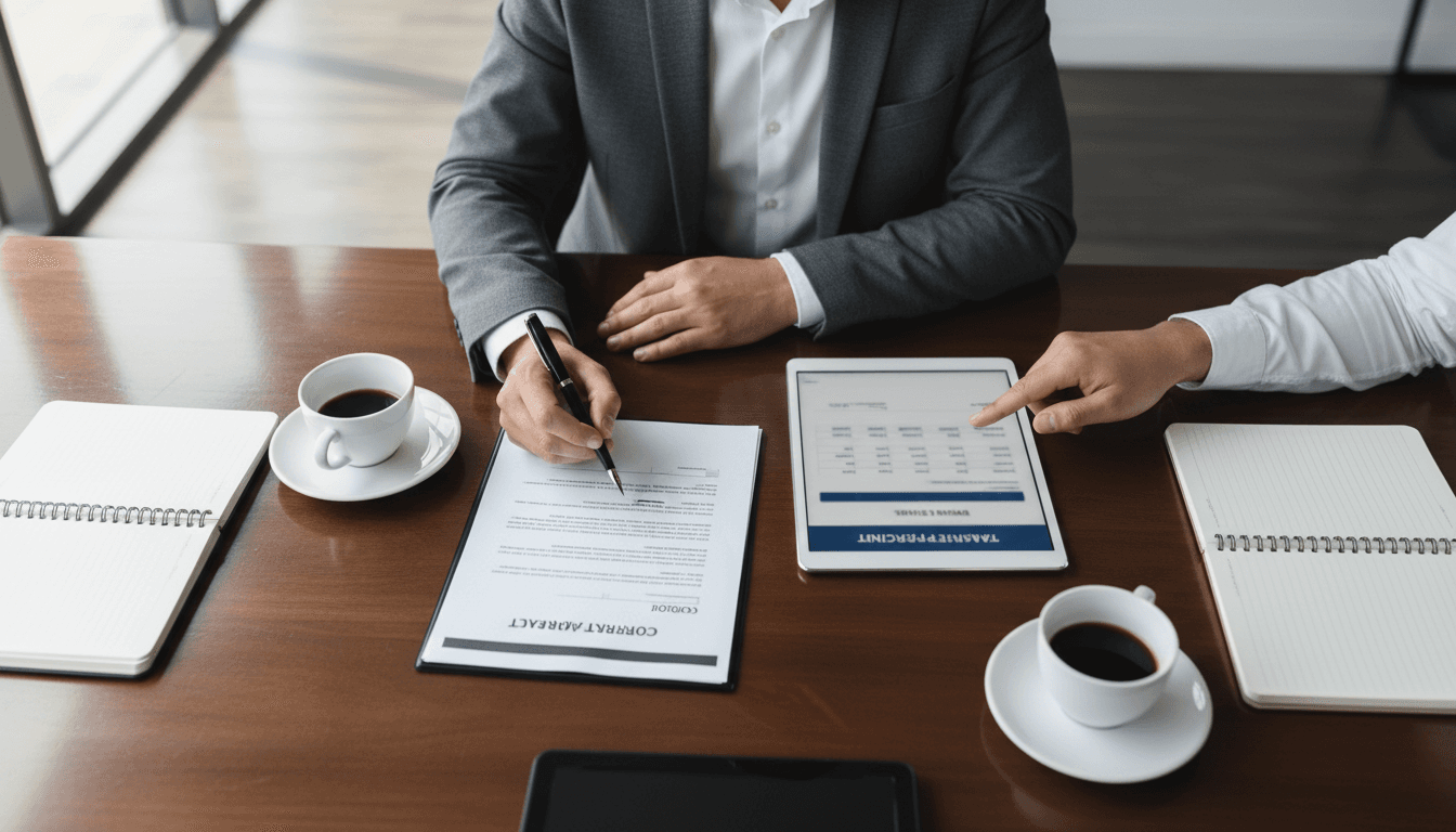 Overhead view of negotiation meeting with contract documentation, tablet with vehicle pricing, and hands discussing agreement